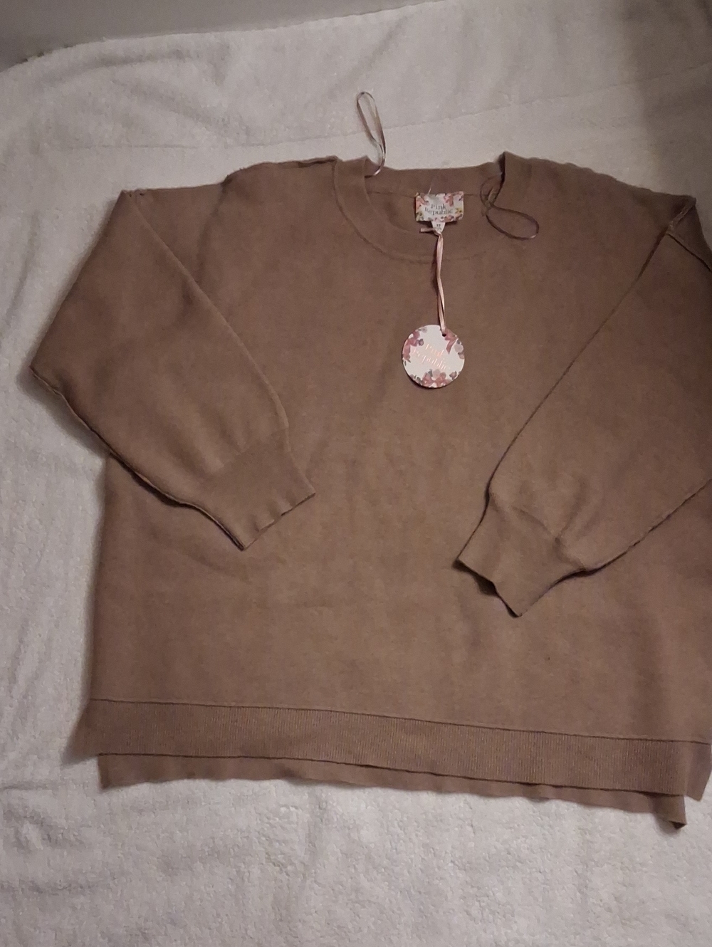 NWT Pink Republic Beige Tan Oversized Knit Crewneck Sweater